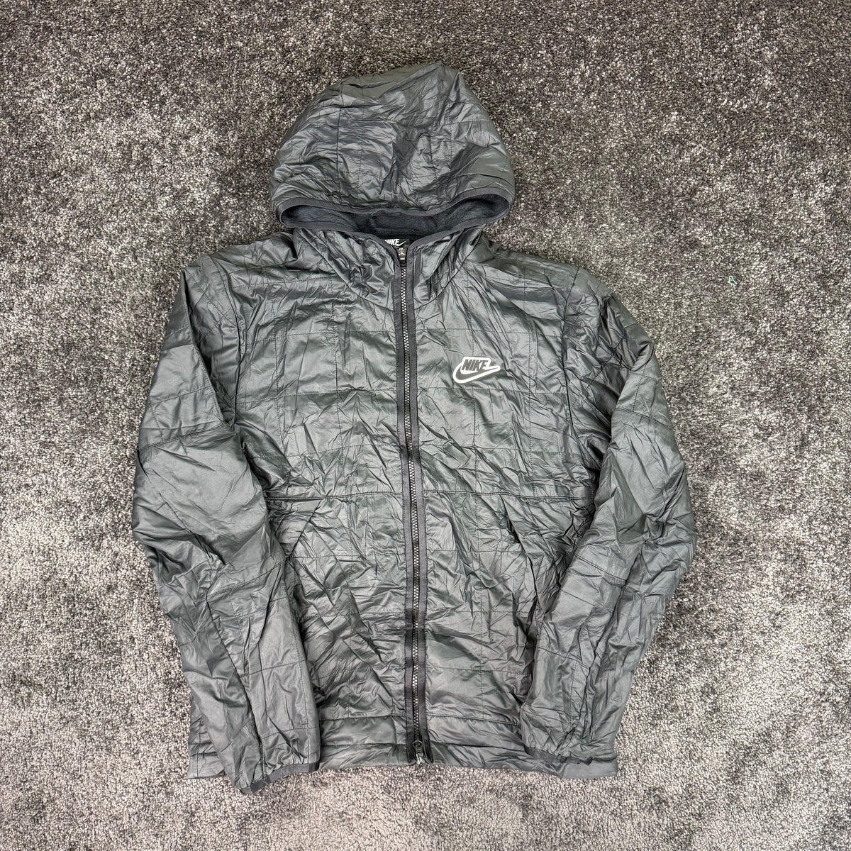Front view of pre-owned grey Nike hooded jacket, size S