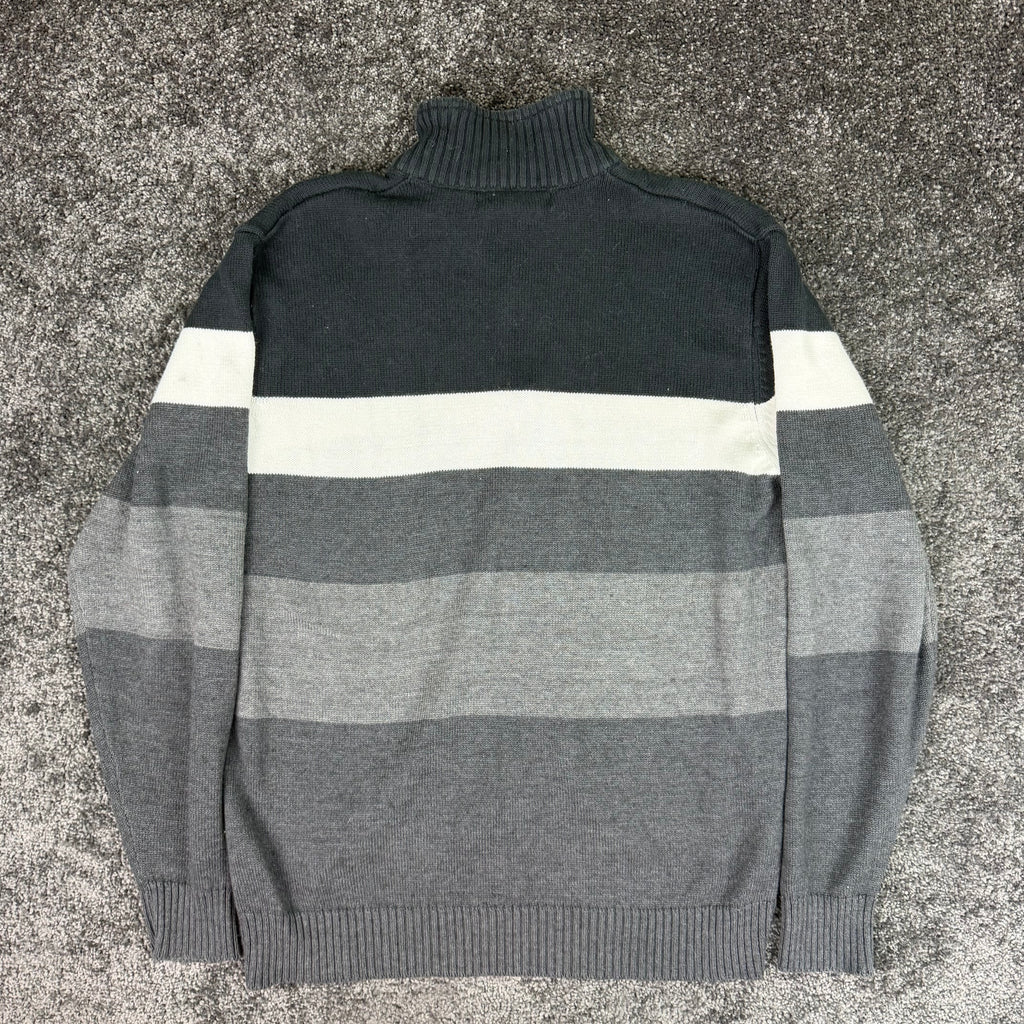 Front of the charcoal striped U.S. Polo Assn. quarter-zip sweater
