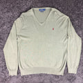 Front of the light grey Polo Ralph Lauren V-neck sweater