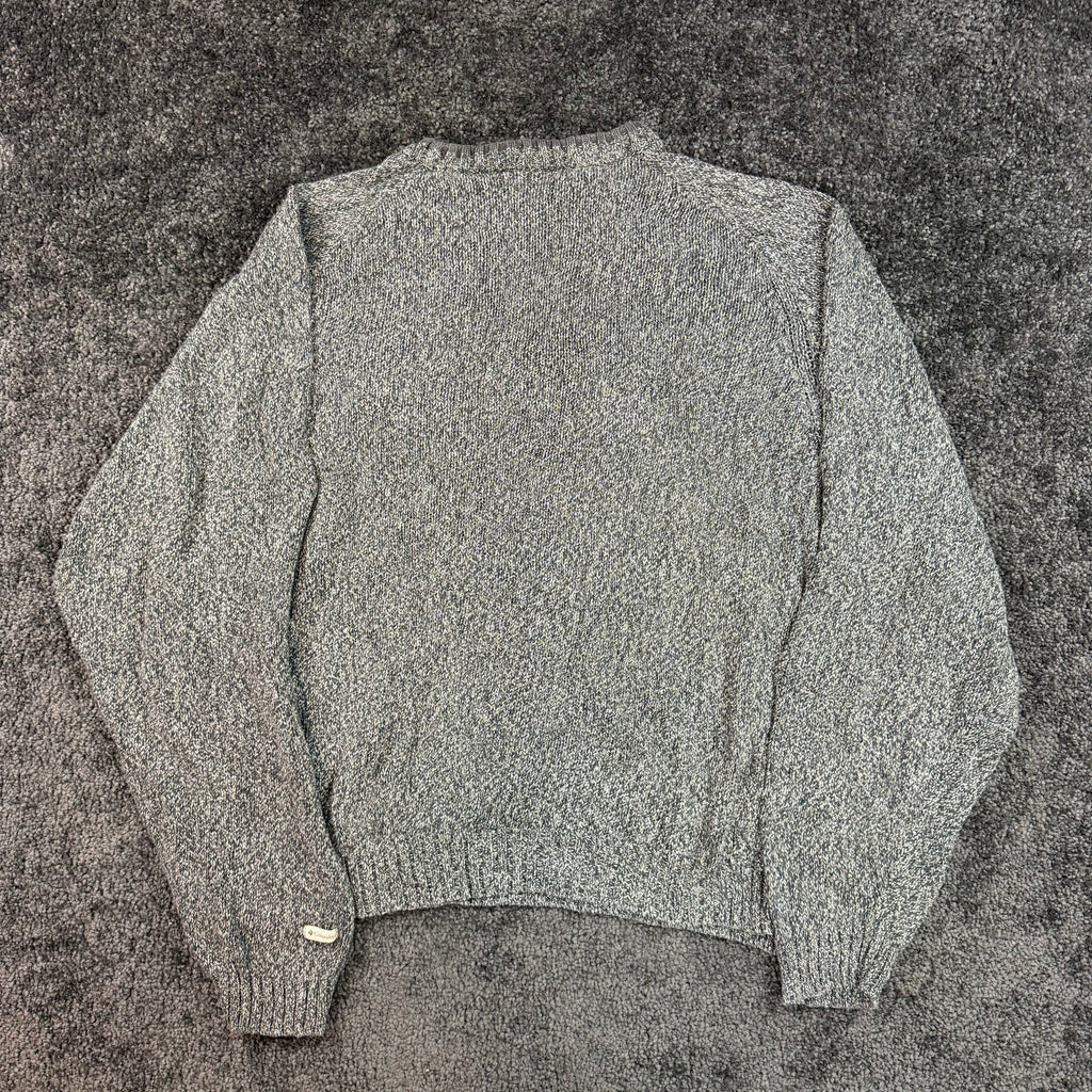 Front of grey marl Columbia crewneck sweater, men's size M