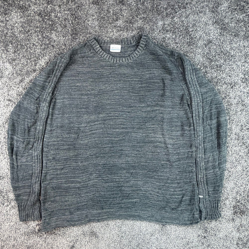 Back of dark grey marl Columbia crewneck sweater, size L