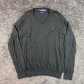 Back of black Polo Ralph Lauren V-neck sweater