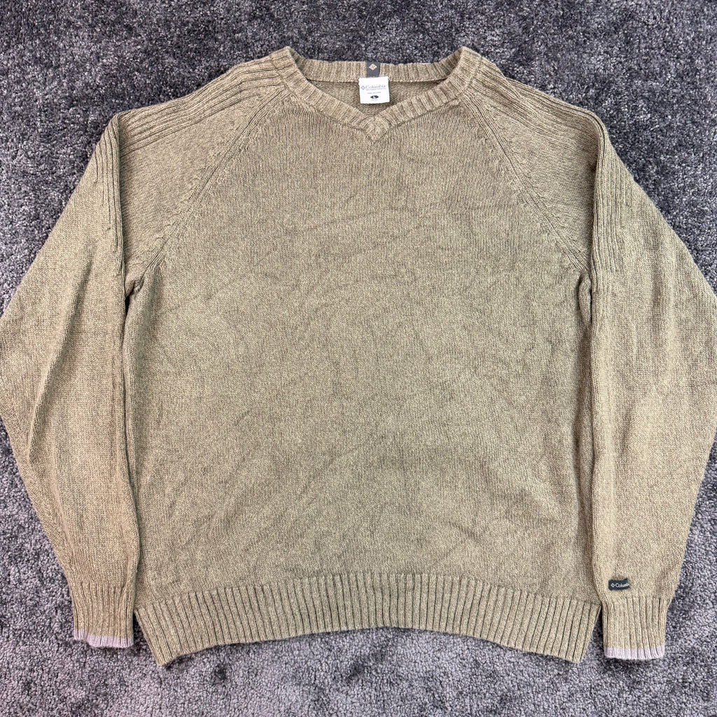 Back of olive-grey Columbia crewneck sweater, men's size L