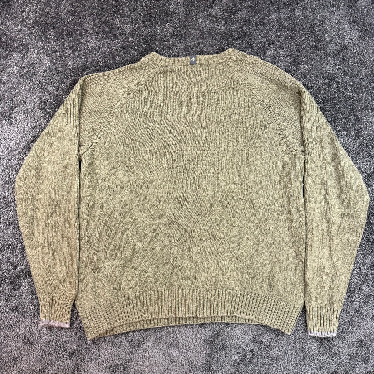 Front of olive-grey Columbia crewneck sweater, men's size L