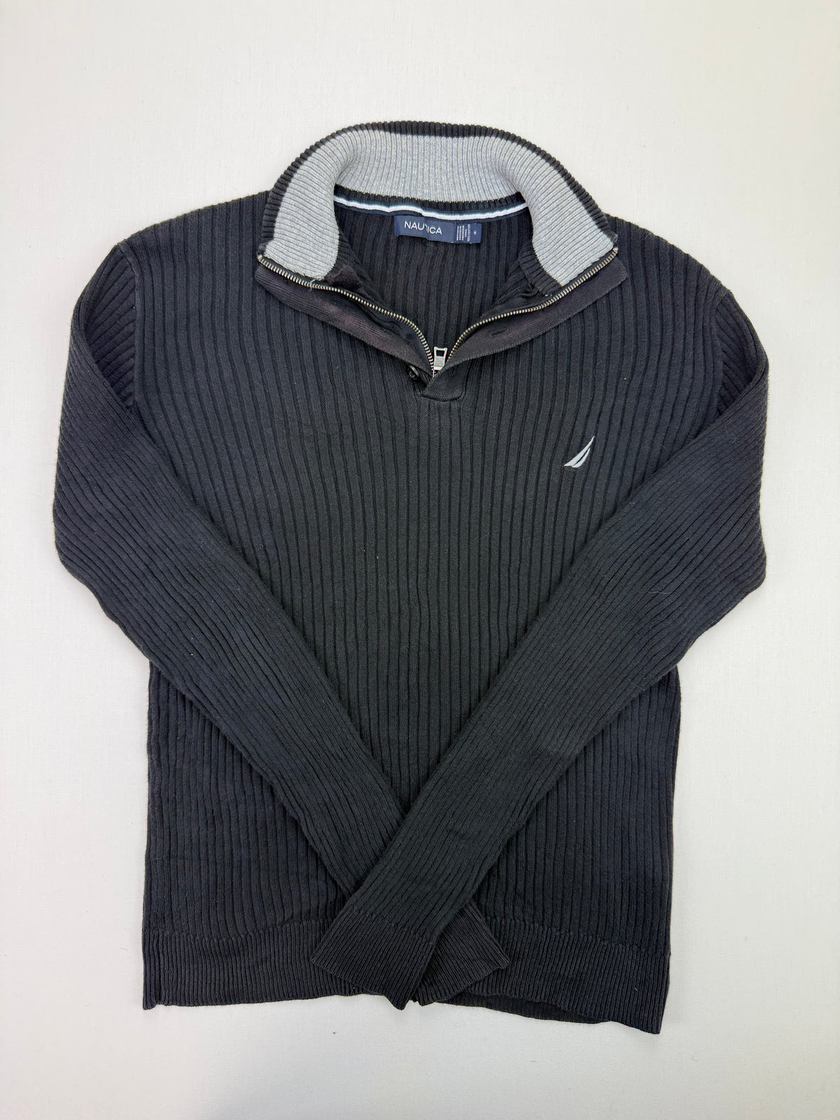 Nautica Black Ribbed Cotton Quarter-Zip Sweater – M