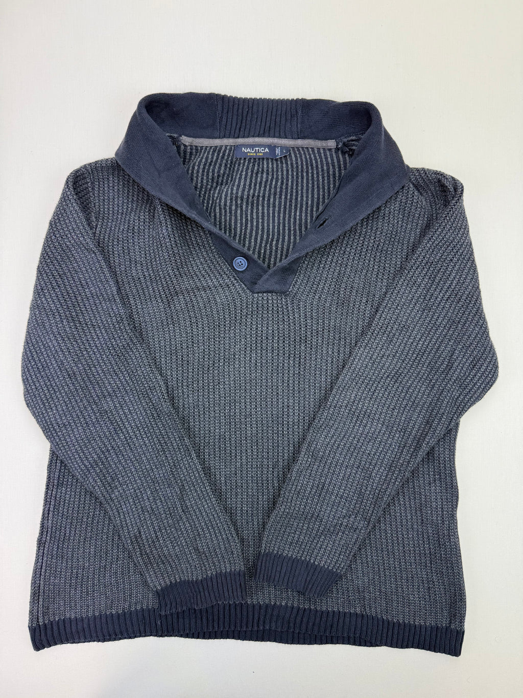 Nautica Grey Textured Cotton Shawl-Collar Sweater – L