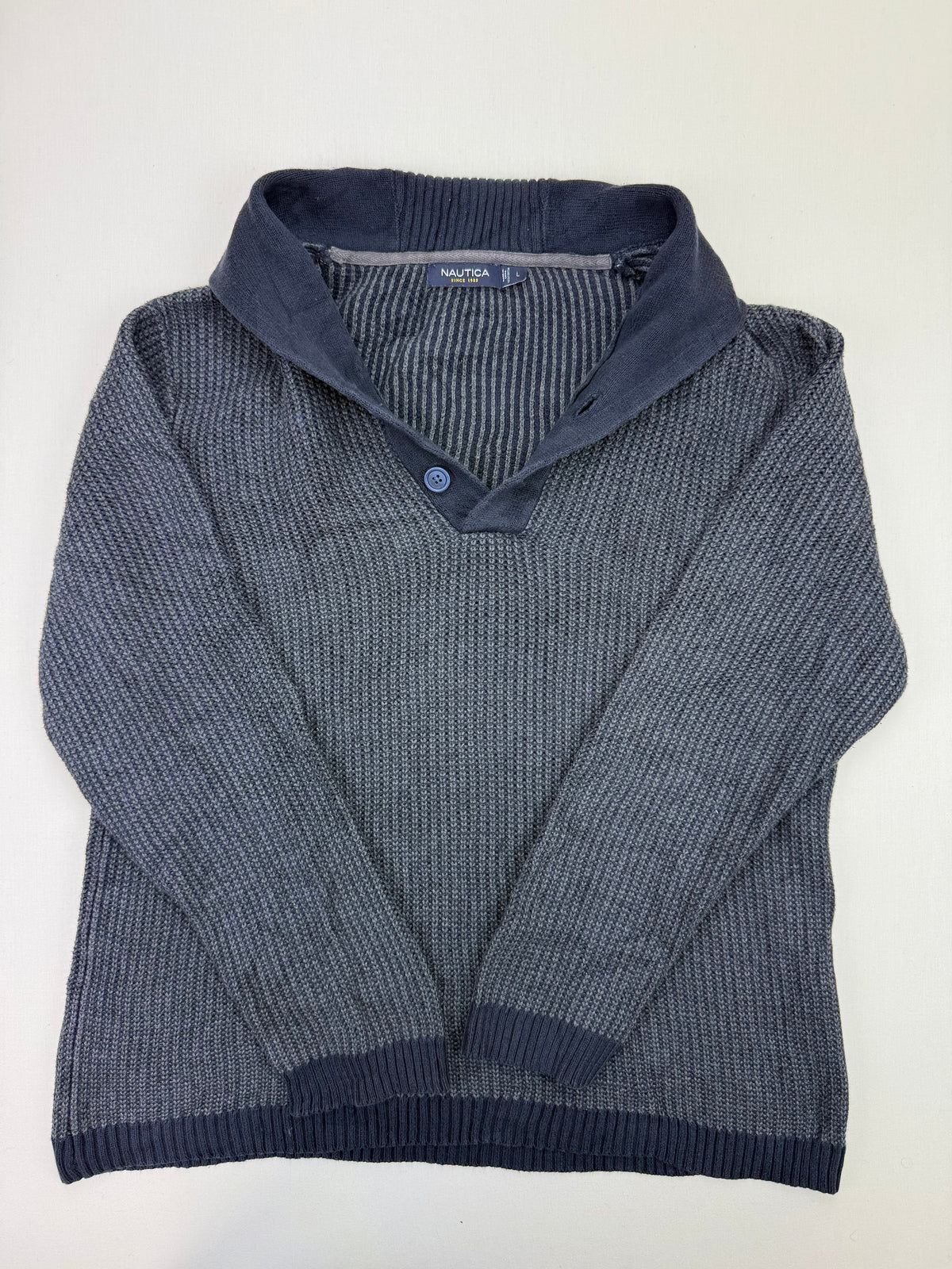 Nautica Grey Textured Cotton Shawl-Collar Sweater – L
