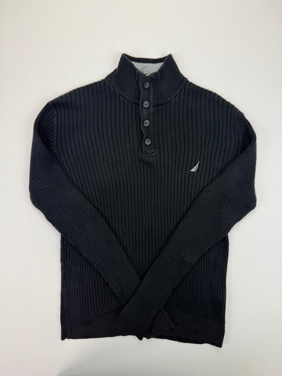 Nautica Black Ribbed Cotton Quarter-Zip Sweater – M