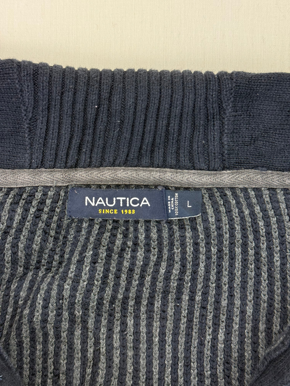 Nautica Grey Textured Cotton Shawl-Collar Sweater – L