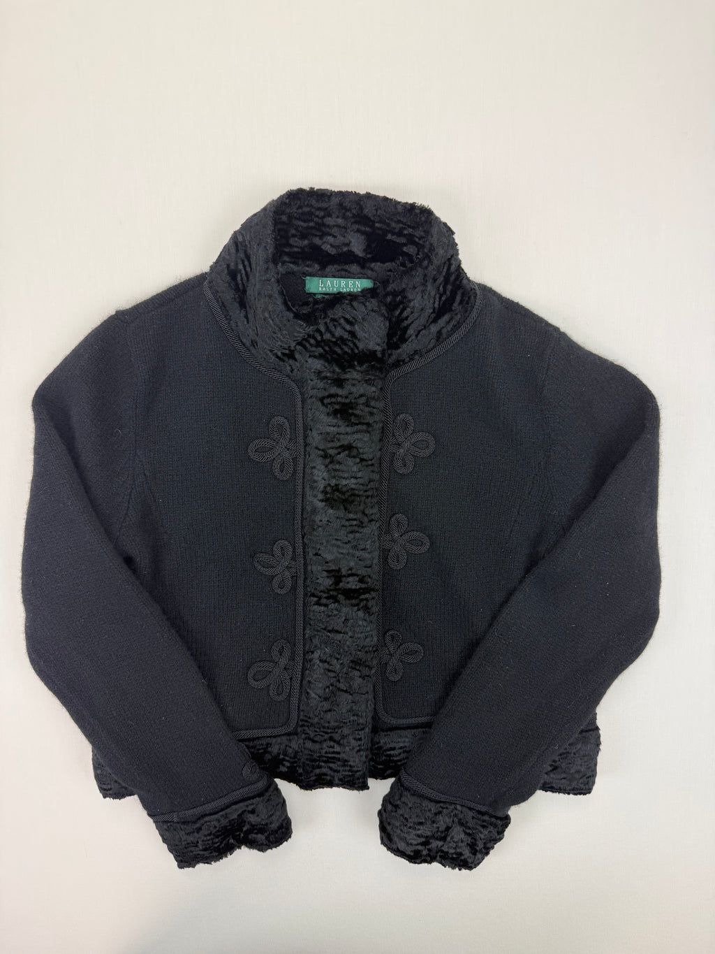Lauren Ralph Lauren Black Lambswool Faux-Fur Trim Cardigan – L