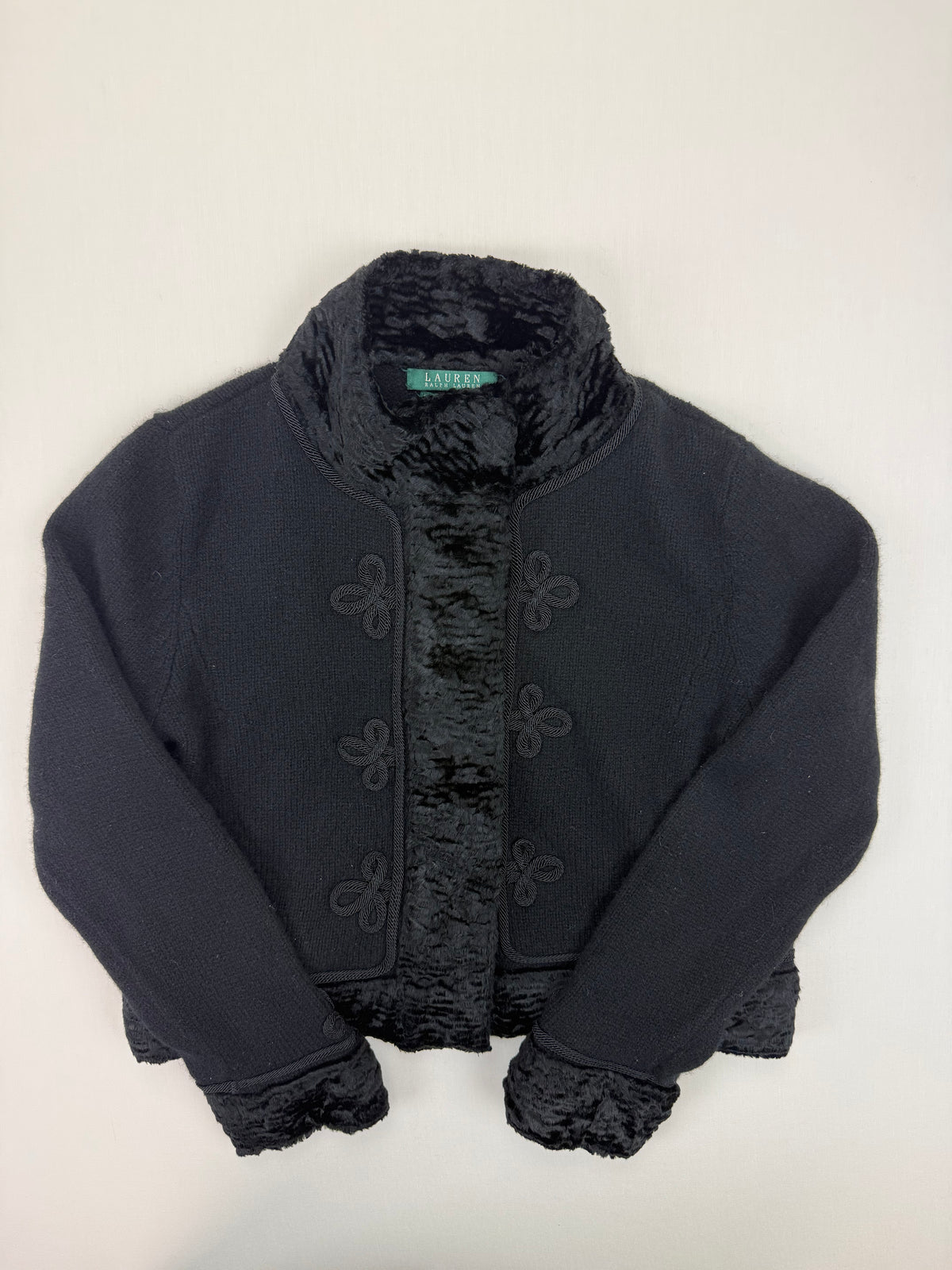 Lauren Ralph Lauren Black Lambswool Faux-Fur Trim Cardigan – L