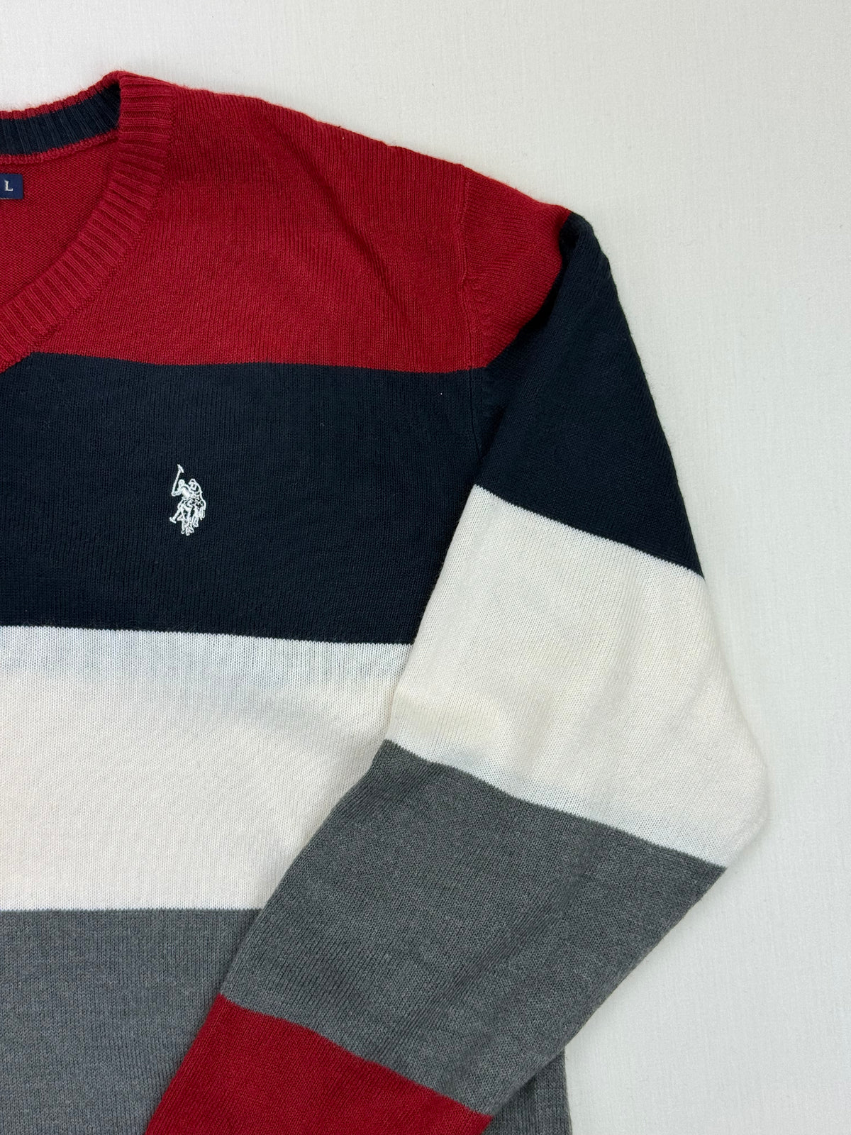 U.S. Polo Assn. Red & Navy Striped V-Neck Sweater – L