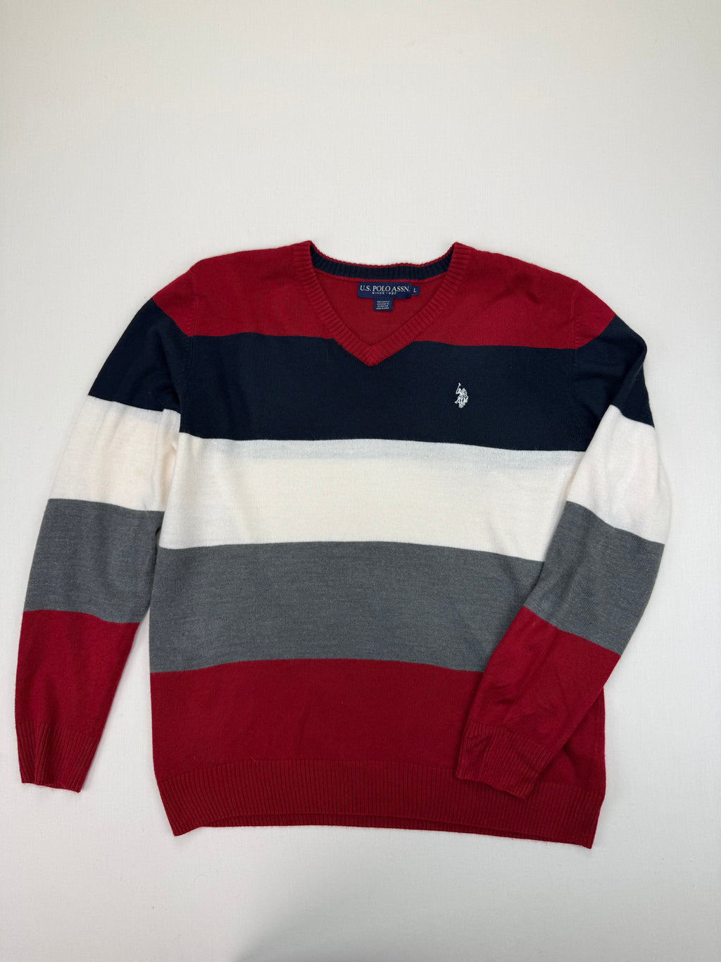 U.S. Polo Assn. Red & Navy Striped V-Neck Sweater – L