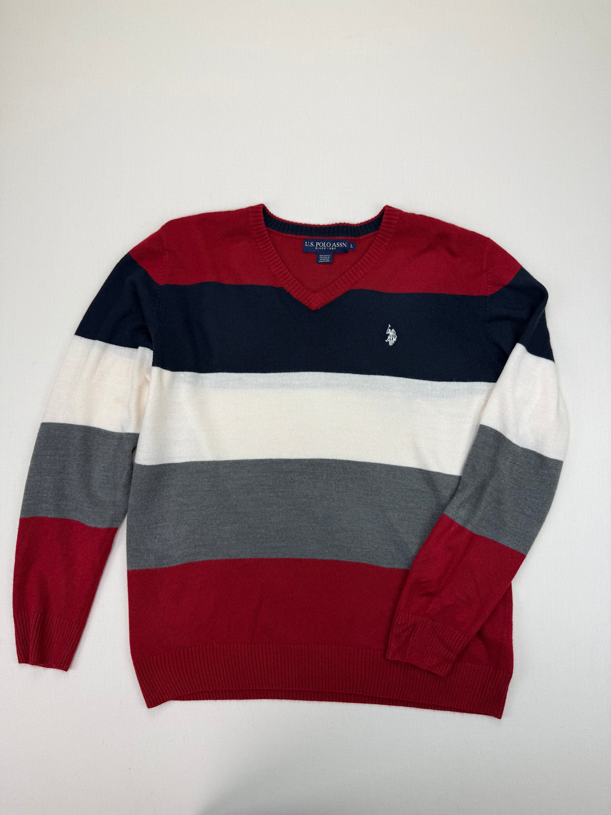 U.S. Polo Assn. Red & Navy Striped V-Neck Sweater – L