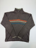 Columbia brown striped quarter-zip sweater front, zipped collar