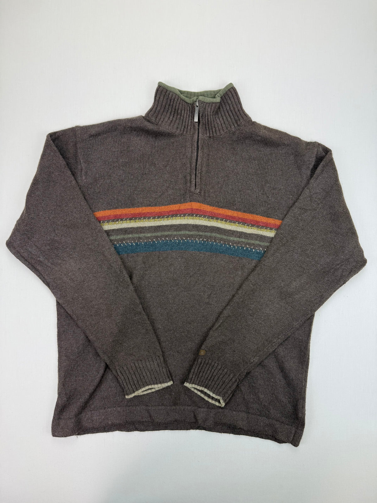 Columbia brown striped quarter-zip sweater front, zipped collar