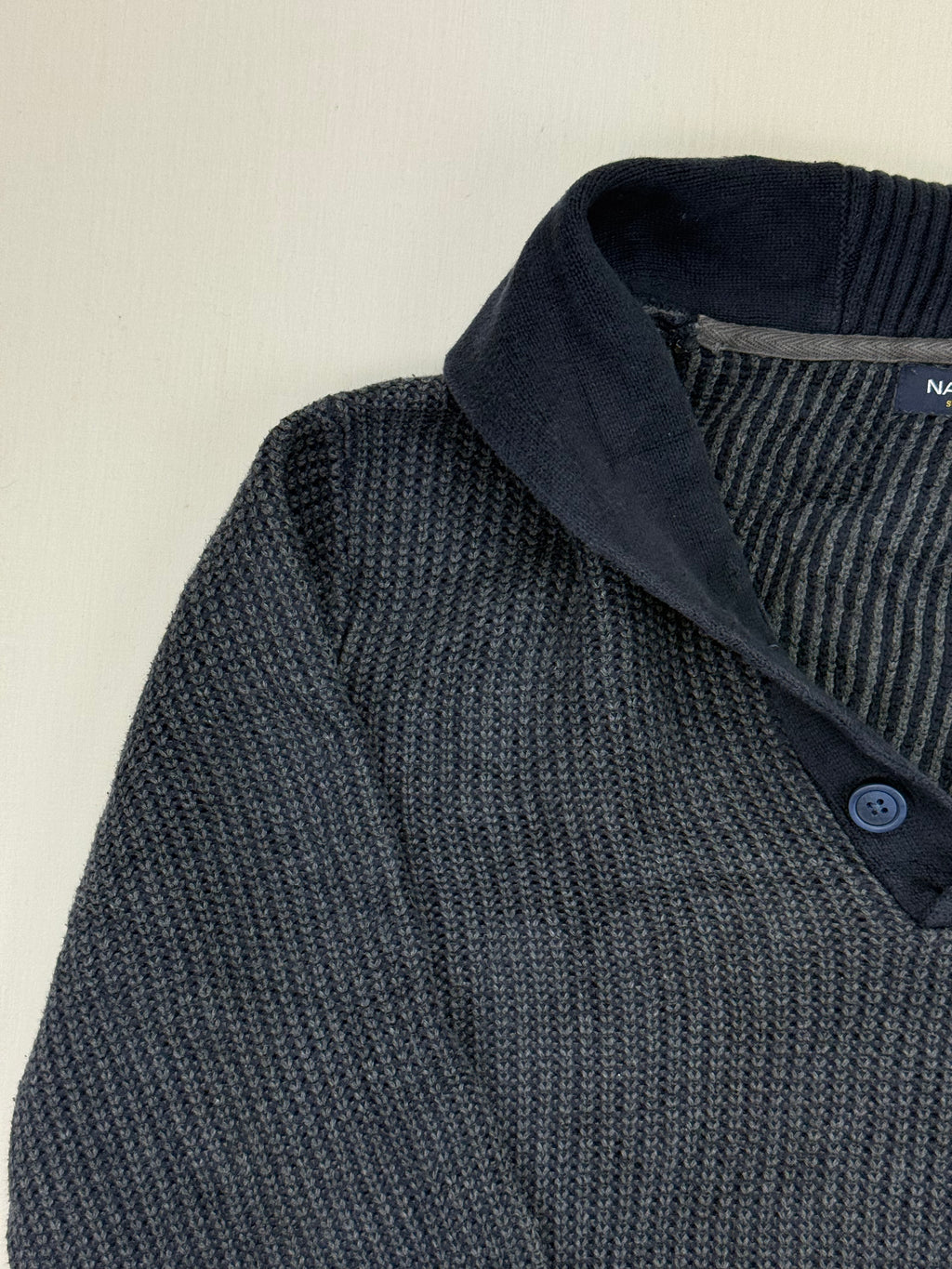 Nautica Grey Textured Cotton Shawl-Collar Sweater – L