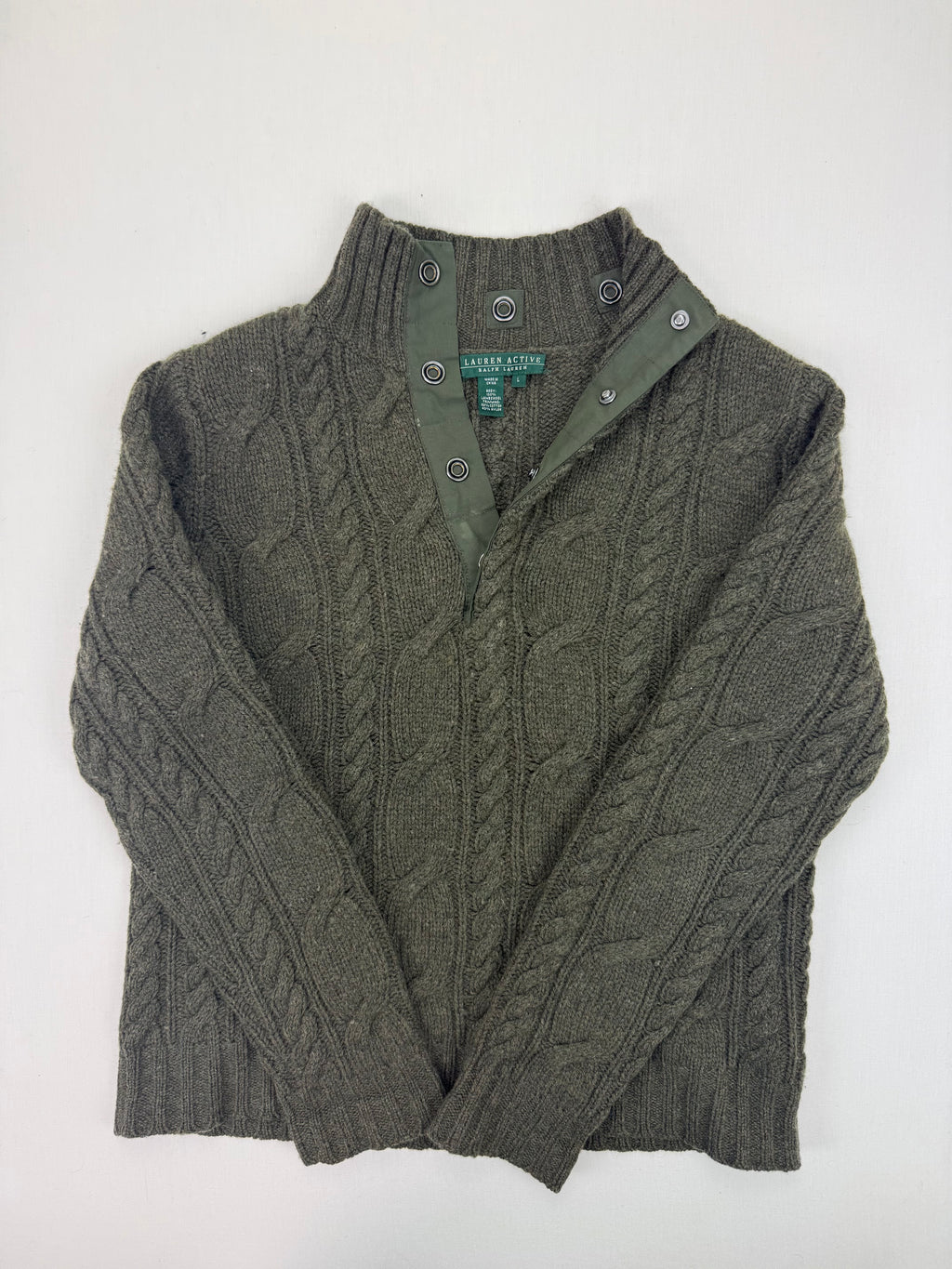 Lauren Active Ralph Lauren Olive Cable-Knit Lambswool Sweater – L
