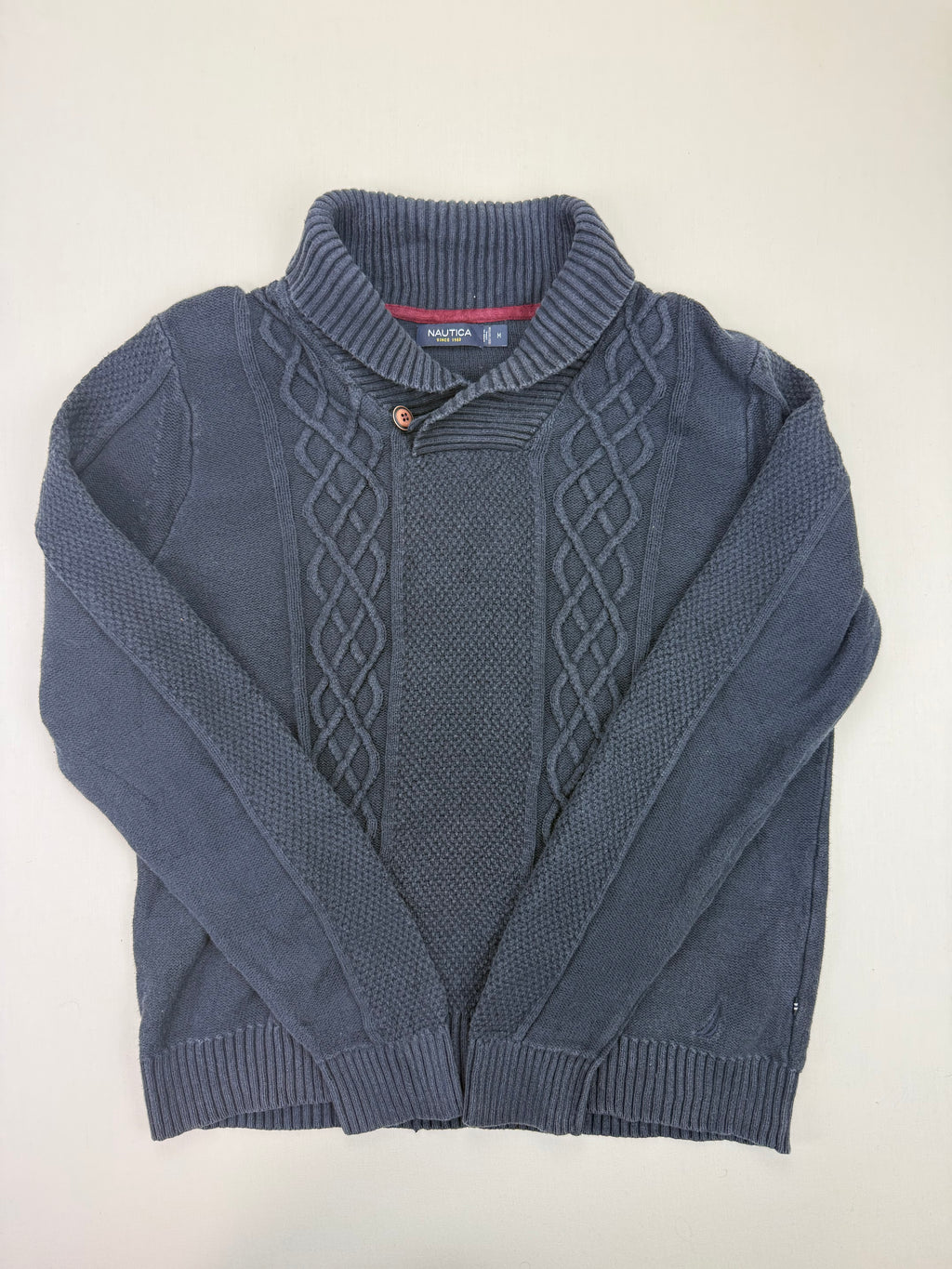 Nautica Navy Cable-Knit Shawl-Collar Sweater – M
