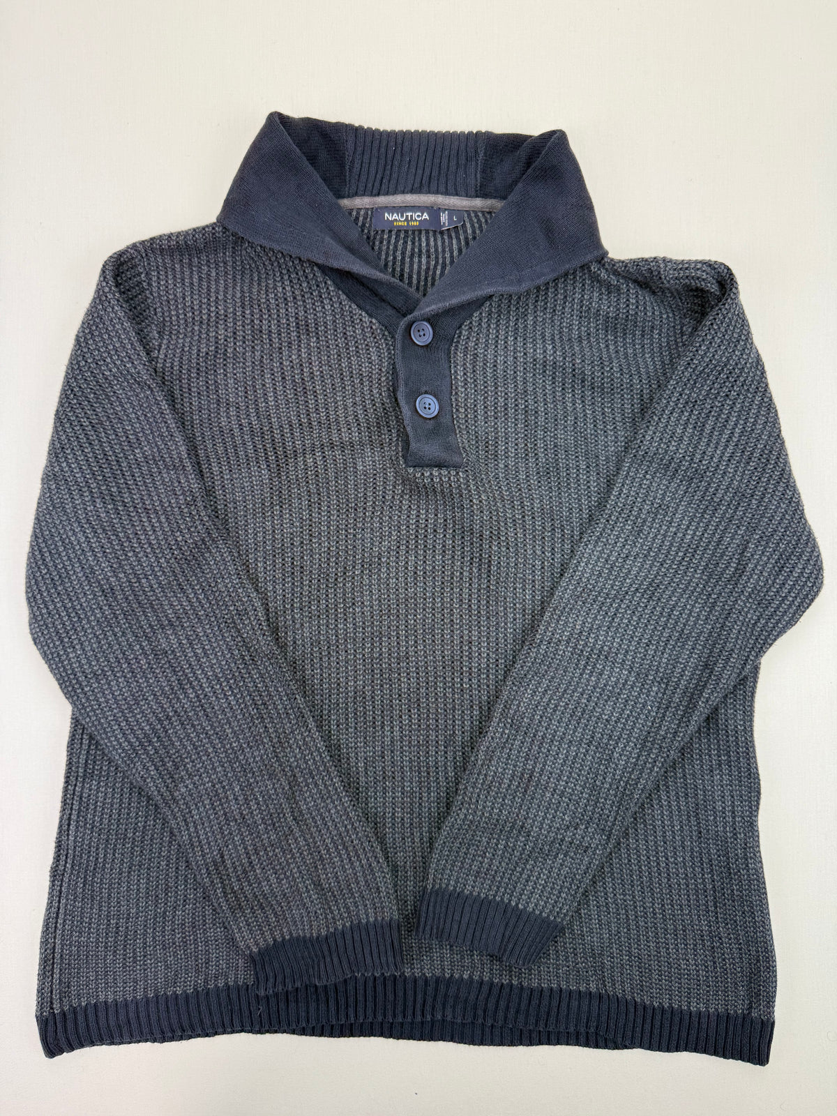 Nautica Grey Textured Cotton Shawl-Collar Sweater – L