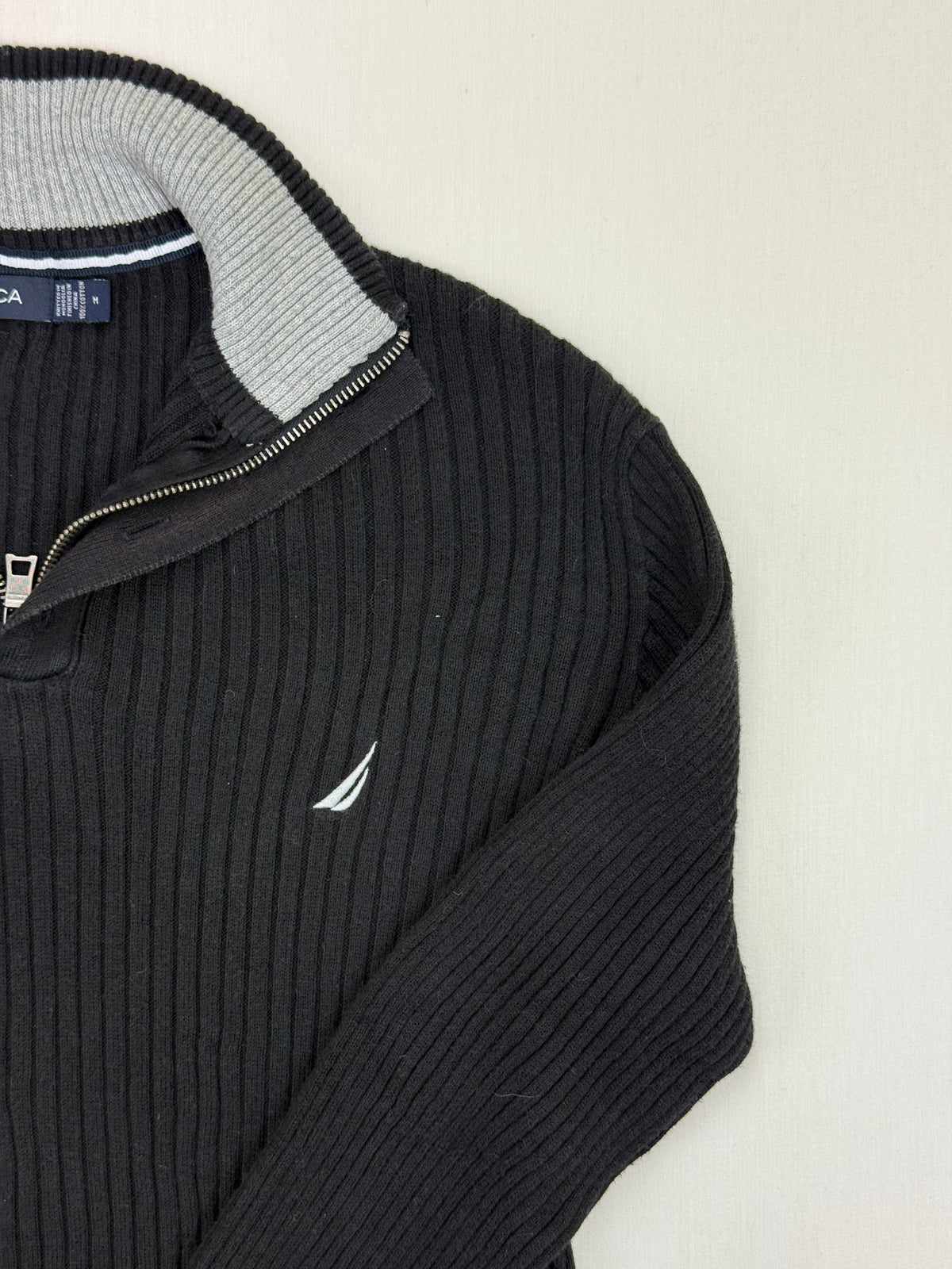 Nautica Black Ribbed Cotton Quarter-Zip Sweater – M