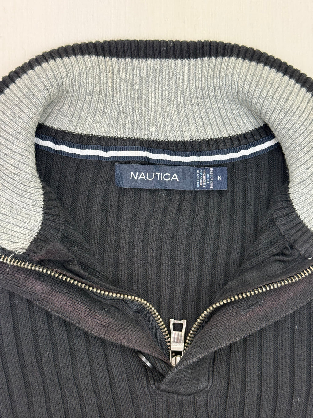 Nautica Black Ribbed Cotton Quarter-Zip Sweater – M