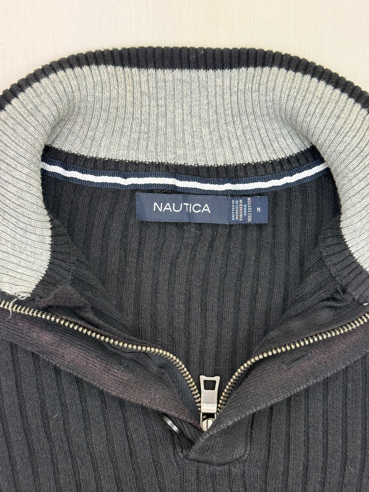 Nautica Black Ribbed Cotton Quarter-Zip Sweater – M
