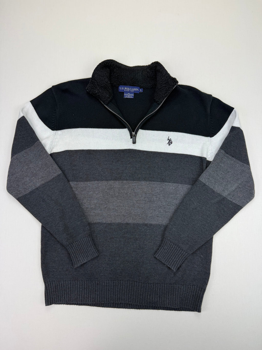 U.S. Polo Assn. Black & Grey Striped Quarter-Zip Sweater – L
