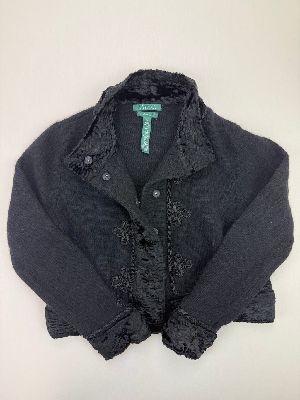 Lauren Ralph Lauren Black Lambswool Faux-Fur Trim Cardigan – L