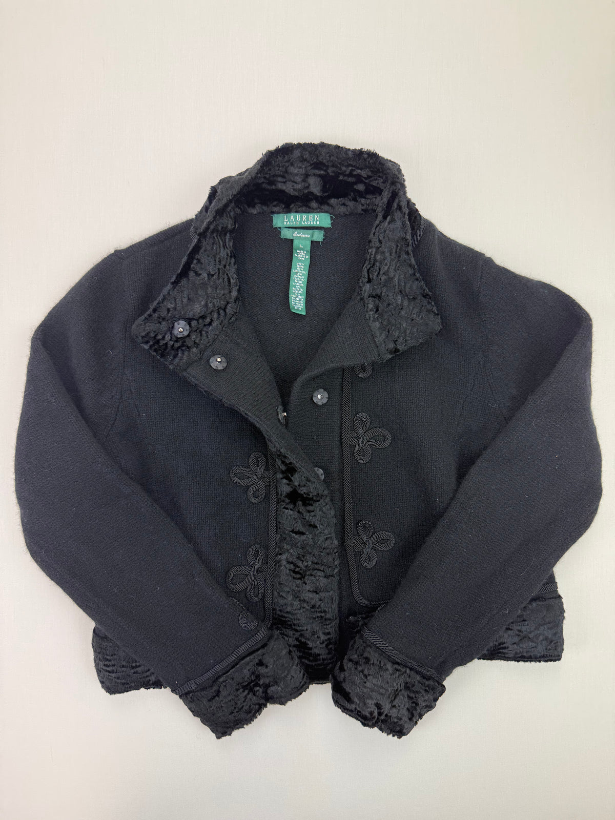 Lauren Ralph Lauren Black Lambswool Faux-Fur Trim Cardigan – L