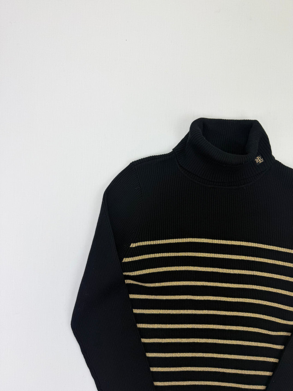 Striped turtleneck upper front detail