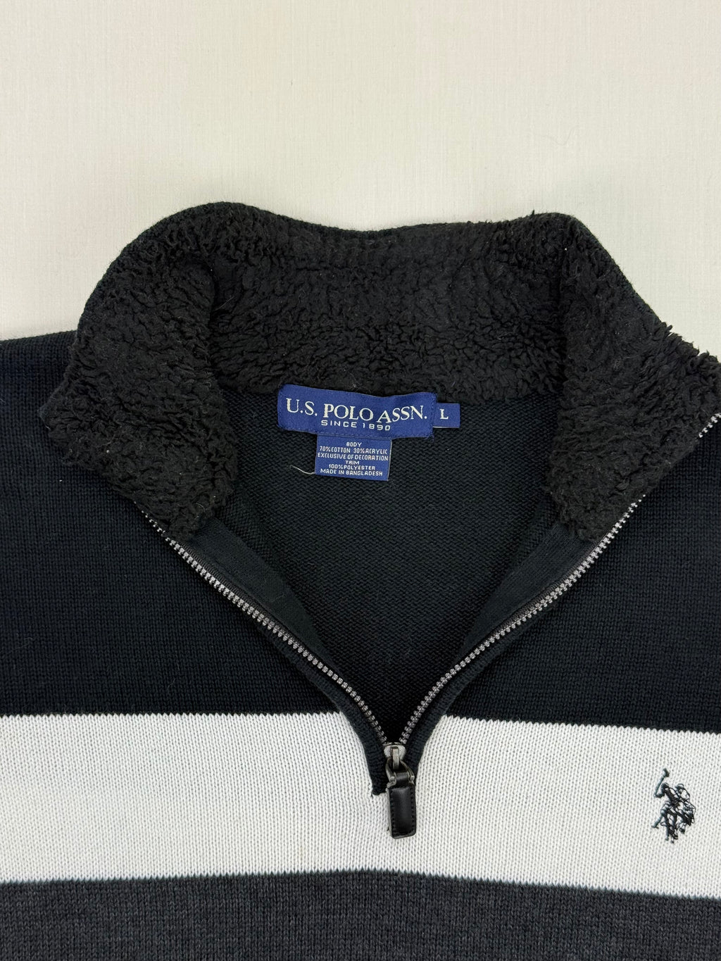 U.S. Polo Assn. Black & Grey Striped Quarter-Zip Sweater – L