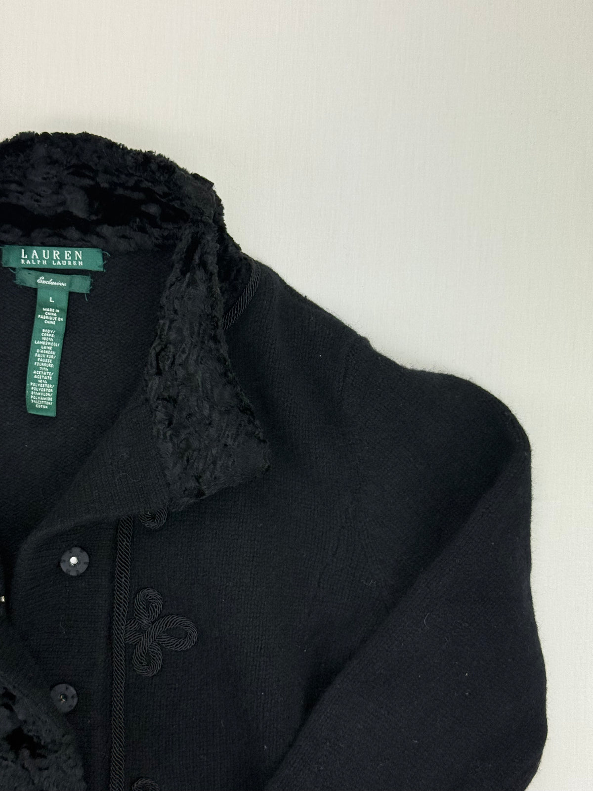 Lauren Ralph Lauren Black Lambswool Faux-Fur Trim Cardigan – L