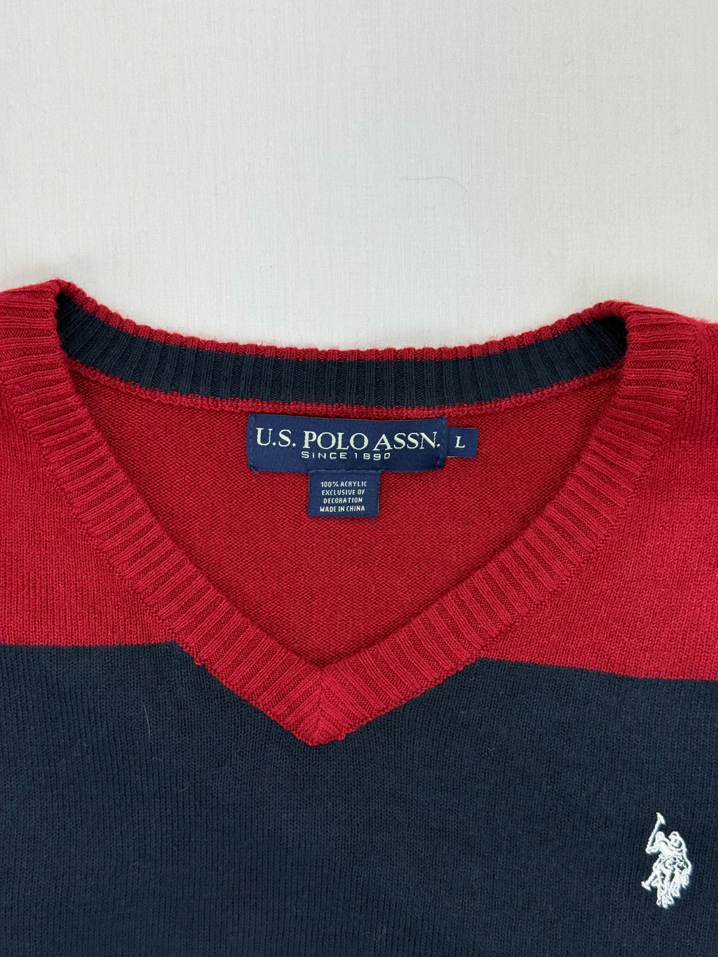U.S. Polo Assn. Red & Navy Striped V-Neck Sweater – L