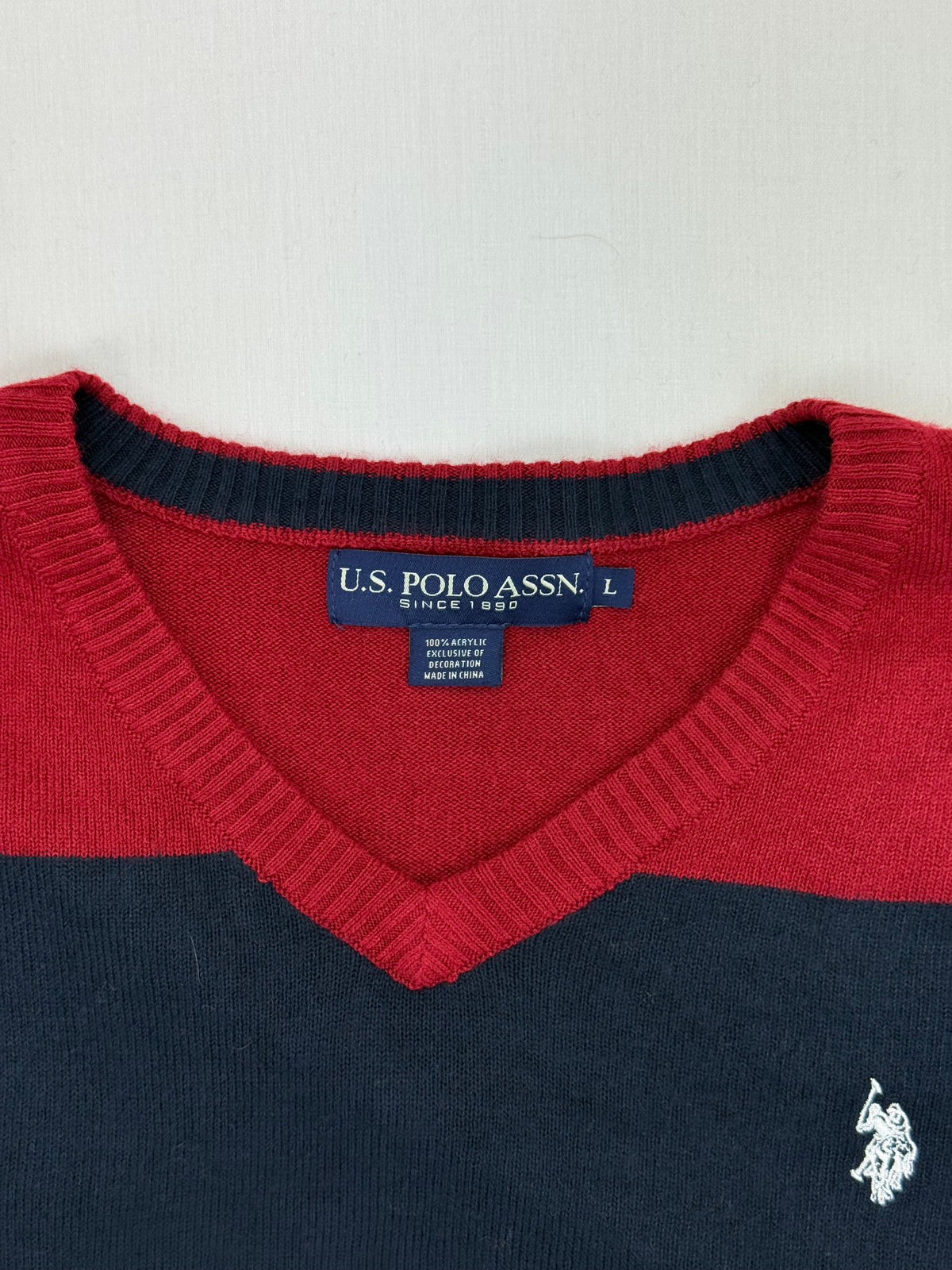 U.S. Polo Assn. Red & Navy Striped V-Neck Sweater – L